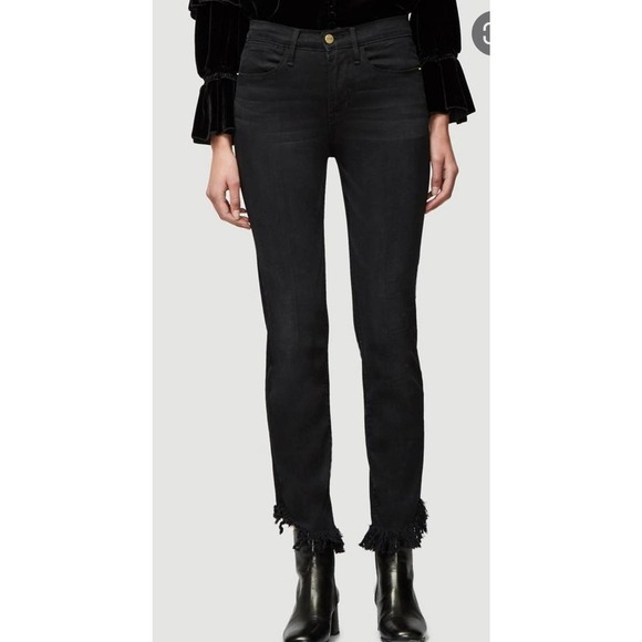 FRAME Denim - FRAME Black Frayed Hem Jeans Size 25 Cropped Straight Designer Denim